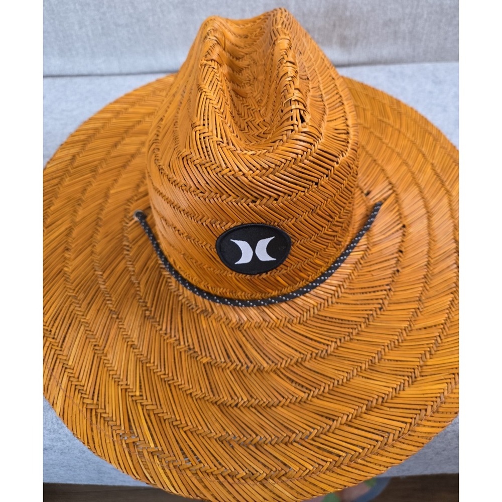 Hurley Weekender Pacific Beach Natural Straw Lifeguard Hat Wide Brim Strap Logo